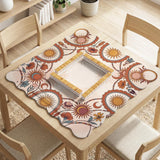 A square mahjong mat with a scalloped edge, sun and moon artwork, terracotta flowers, a soft cream background, and a decorative border around the play area.