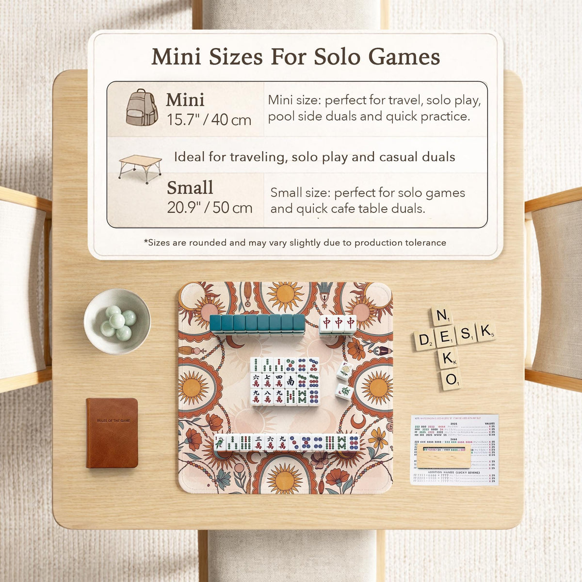 A square mahjong mat with a scalloped edge, sun and moon artwork, terracotta flowers, a soft cream background, and a decorative border around the play area.