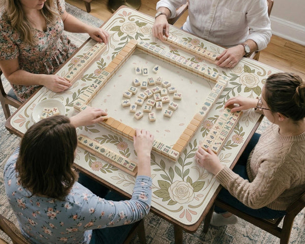 Square mahjong mat with a light floral border in sage green, cream, and blush around a plain center play area.