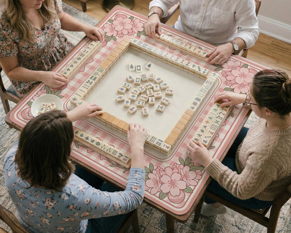 Pink gingham mahjong mat with a floral border, cherry blossom details, and a bow design around a plain center play area.