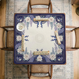 Blue mahjong table mat with a peacock and floral border, ivory center, lavender flowers, and scalloped edges.