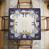 Blue mahjong mat with a floral peacock border and an open center area for tile play.