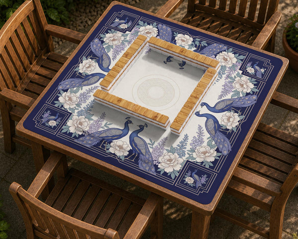 Blue mahjong mat with a floral peacock border and an open center area for tile play.