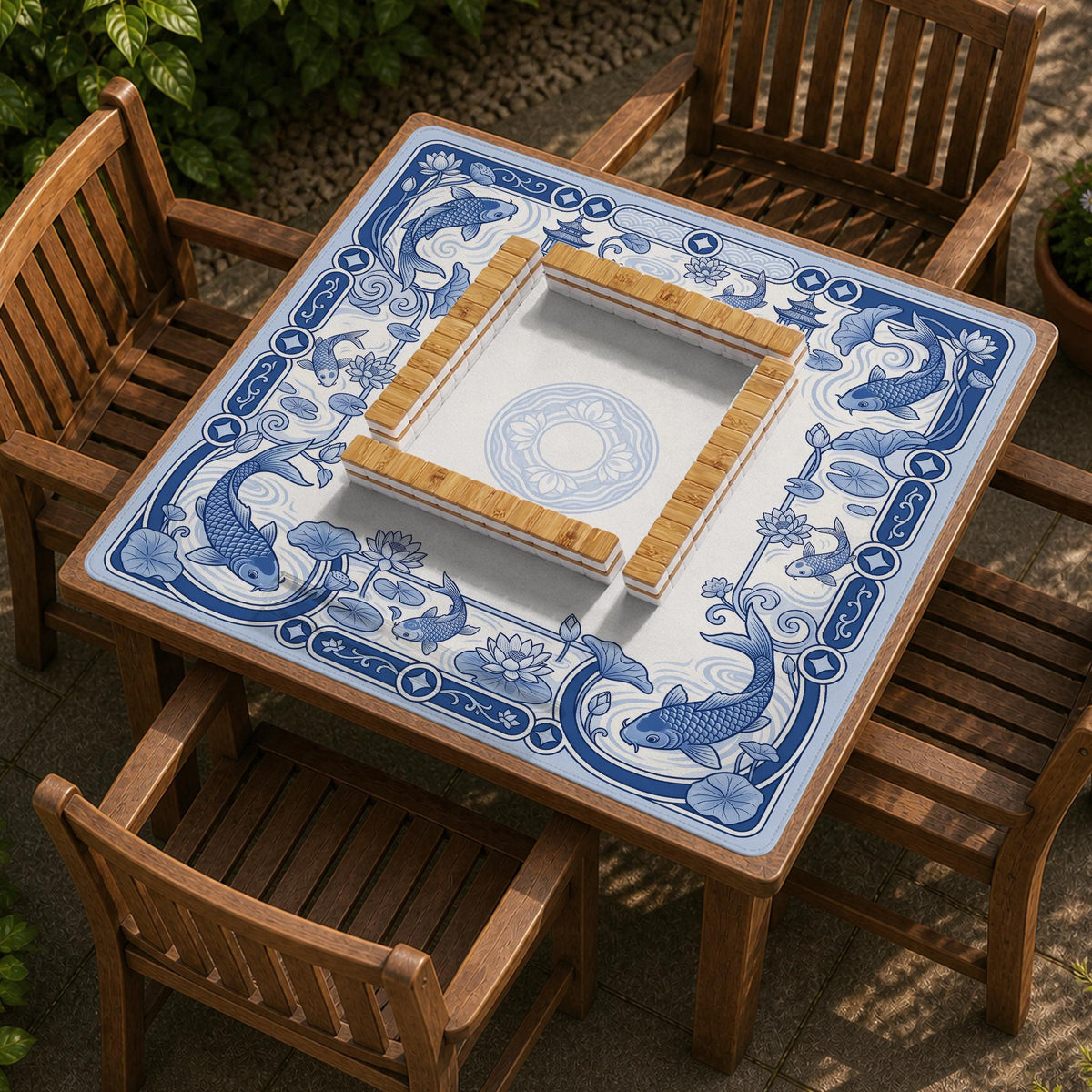 Navy blue square mahjong table mat with lotus flowers and koi fish in a porcelain-style border and a plain center.