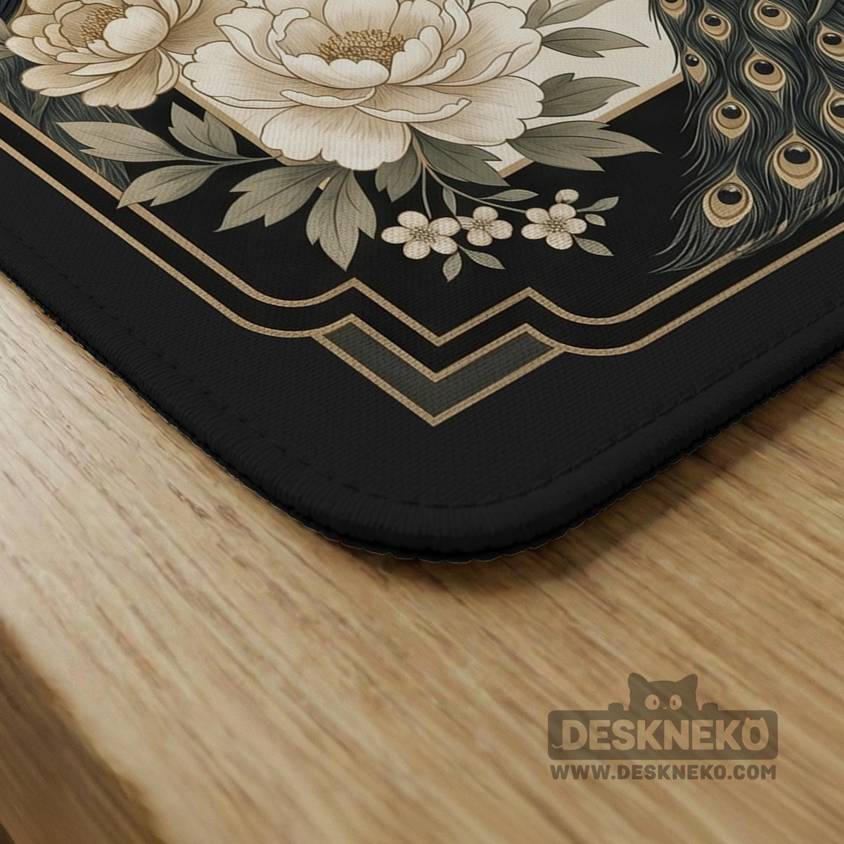 Square ivory mahjong mat with a black peacock border, cream flowers, and gold accent details.