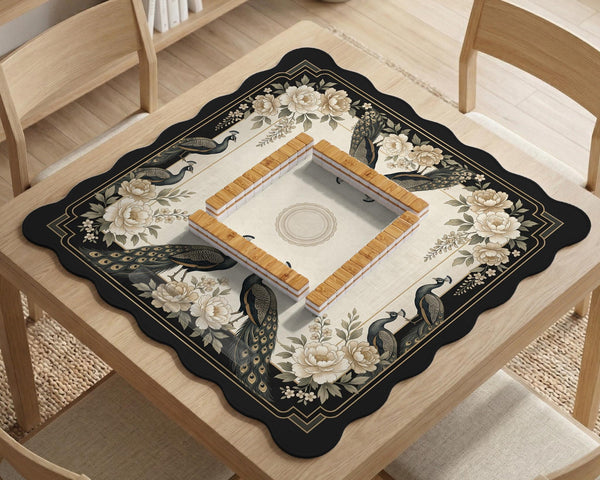 Cream mahjong table mat with a chinoiserie floral border, dark peacocks, soft gold linework, and an open center area.