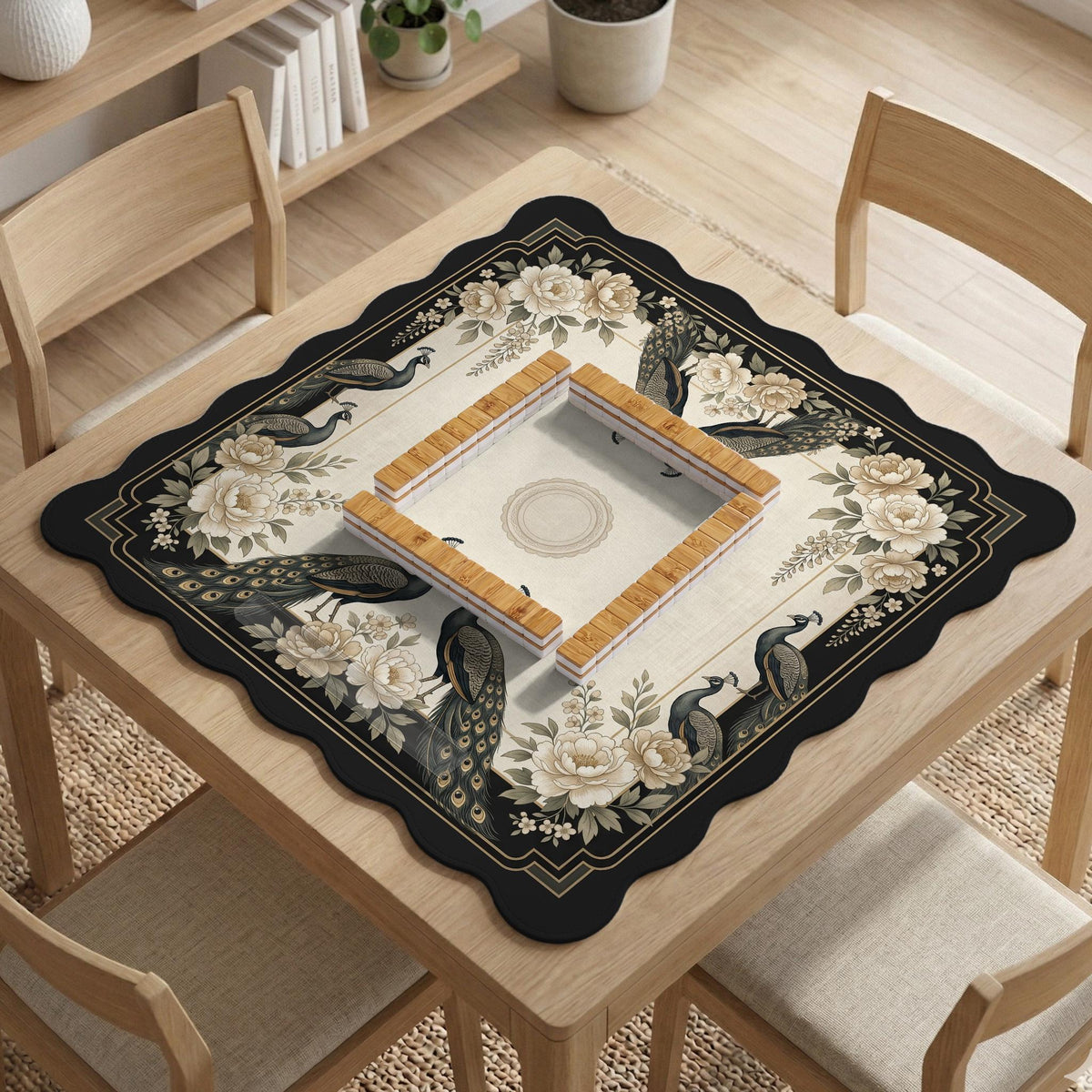Cream mahjong table mat with a chinoiserie floral border, dark peacocks, soft gold linework, and an open center area.
