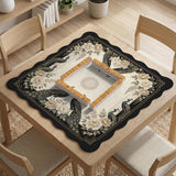 Square ivory mahjong mat with a black peacock border, cream flowers, and gold accent details.