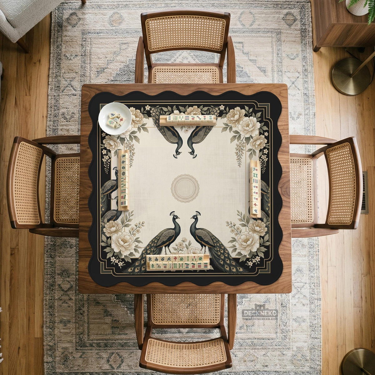 Cream mahjong table mat with a chinoiserie floral border, dark peacocks, soft gold linework, and an open center area.