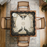 Square ivory mahjong mat with a black peacock border, cream flowers, and gold accent details.