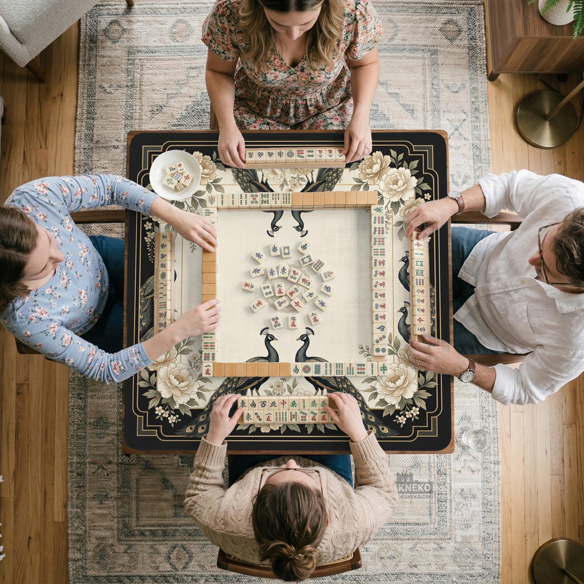Cream mahjong table mat with a chinoiserie floral border, dark peacocks, soft gold linework, and an open center area.