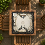 Cream mahjong table mat with a chinoiserie floral border, dark peacocks, soft gold linework, and an open center area.