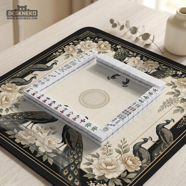 Cream mahjong table mat with a chinoiserie floral border, dark peacocks, soft gold linework, and an open center area.