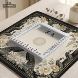 Cream mahjong table mat with a chinoiserie floral border, dark peacocks, soft gold linework, and an open center area.