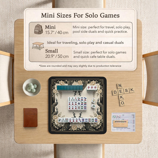 Cream mahjong table mat with a chinoiserie floral border, dark peacocks, soft gold linework, and an open center area.