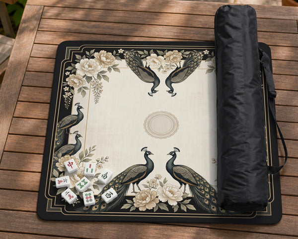 Cream mahjong table mat with a chinoiserie floral border, dark peacocks, soft gold linework, and an open center area.