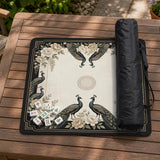 Cream mahjong table mat with a chinoiserie floral border, dark peacocks, soft gold linework, and an open center area.