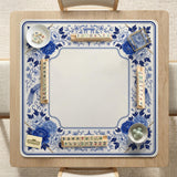 Square blue and white mahjong mat with peonies, cranes, pagoda accents, and chinoiserie linework around a plain center.
