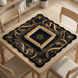 Black mahjong table mat with a gold dragon border, gold geometric corner details, and a clear center play area.