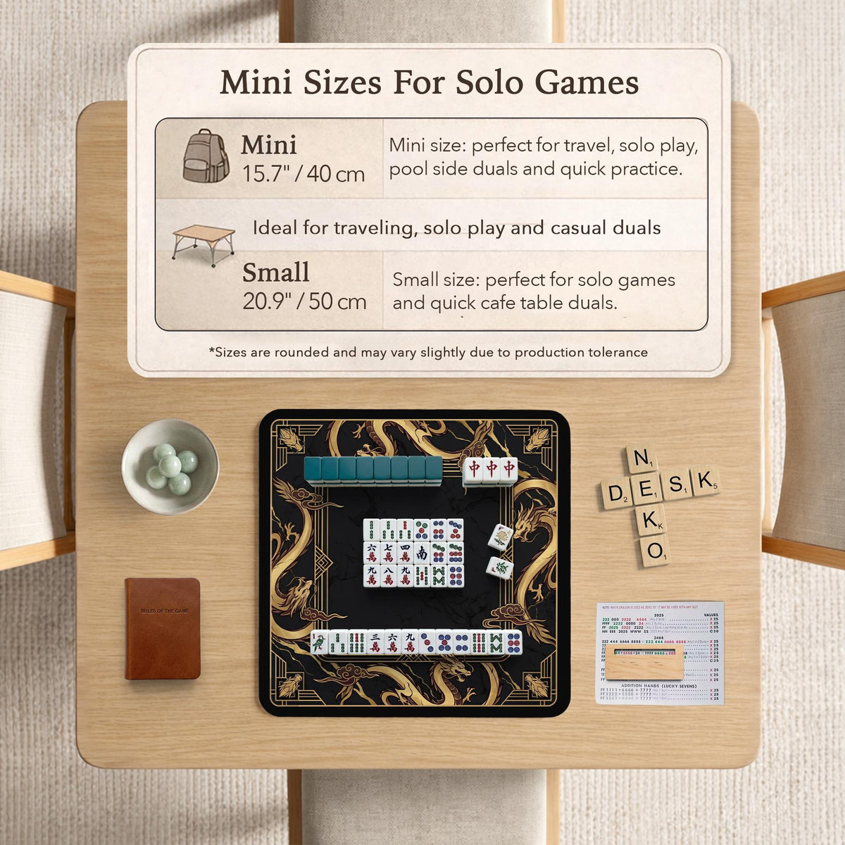 Black mahjong table mat with a gold dragon border, gold geometric corner details, and a clear center play area.