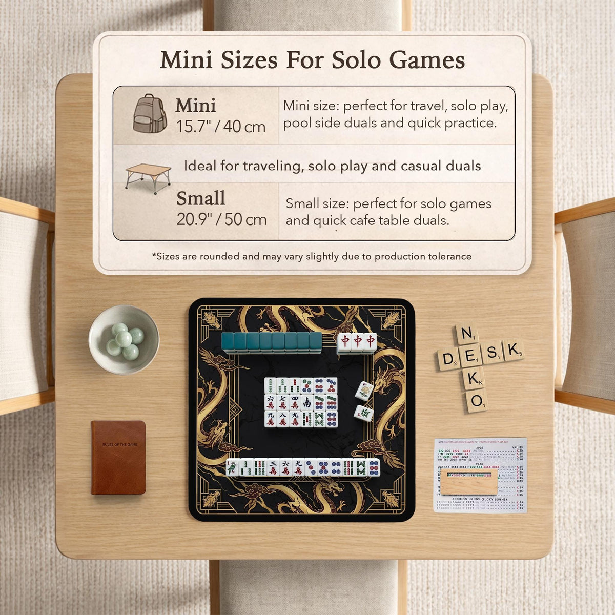 Square black mahjong mat with gold dragon artwork around the border and a light marble texture in the center.