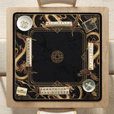 Black mahjong table mat with a gold dragon border, gold geometric corner details, and a clear center play area.