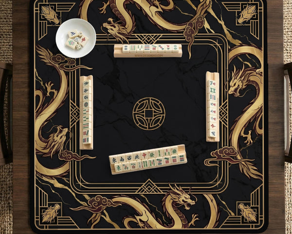 Black mahjong table mat with a gold dragon border, gold geometric corner details, and a clear center play area.