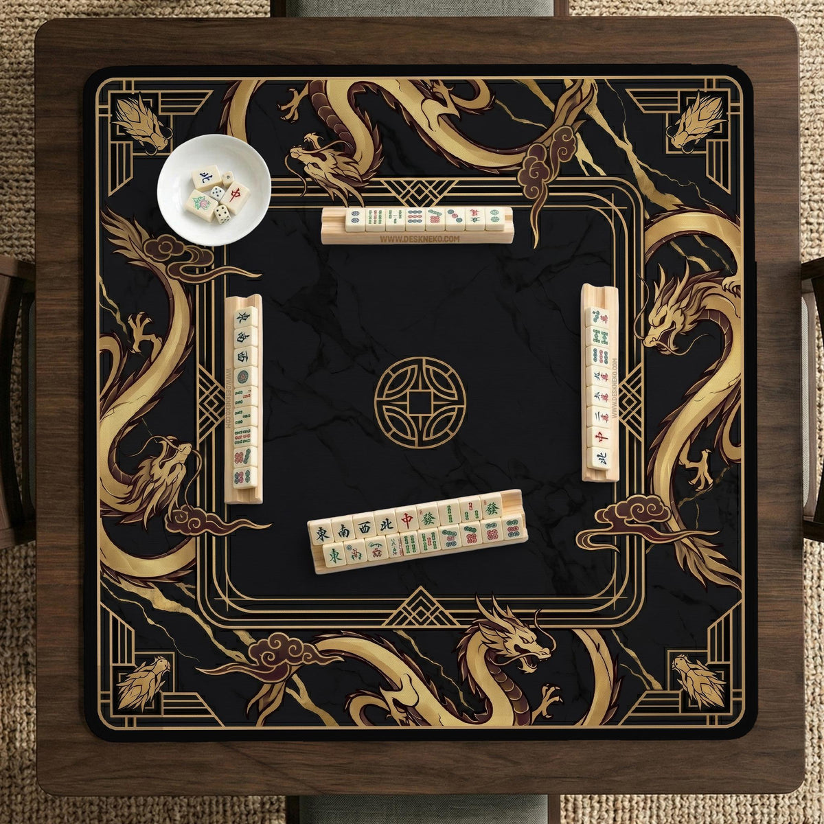 Black mahjong table mat with a gold dragon border, gold geometric corner details, and a clear center play area.