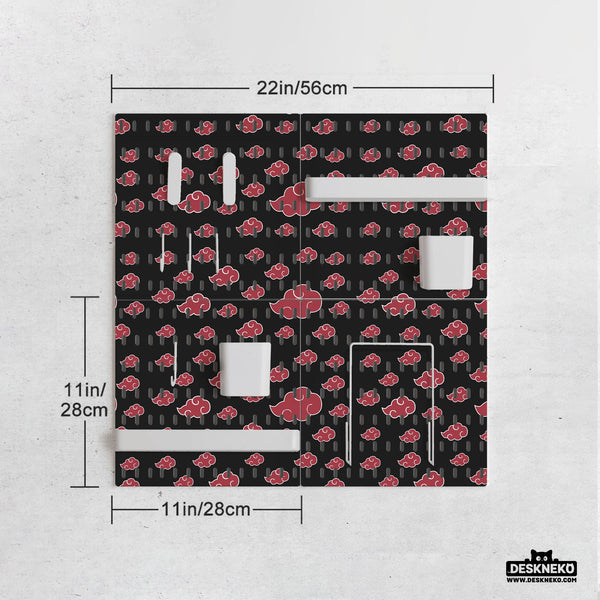 Black pegboard panels with red cloud pattern, shown with hooks, shelves, containers, clips, and a letter holder.