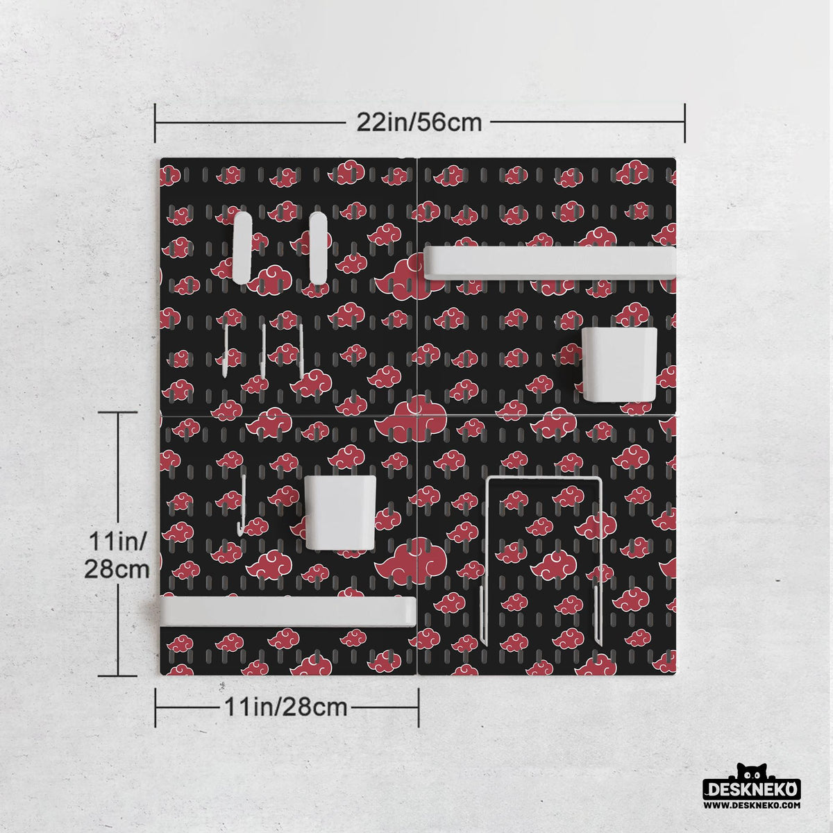 Black pegboard panels with red cloud pattern, shown with hooks, shelves, containers, clips, and a letter holder.