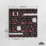 Black pegboard panels with red cloud pattern, shown with hooks, shelves, containers, clips, and a letter holder.