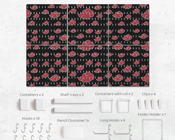 Black pegboard panels with red cloud pattern, shown with hooks, shelves, containers, clips, and a letter holder.