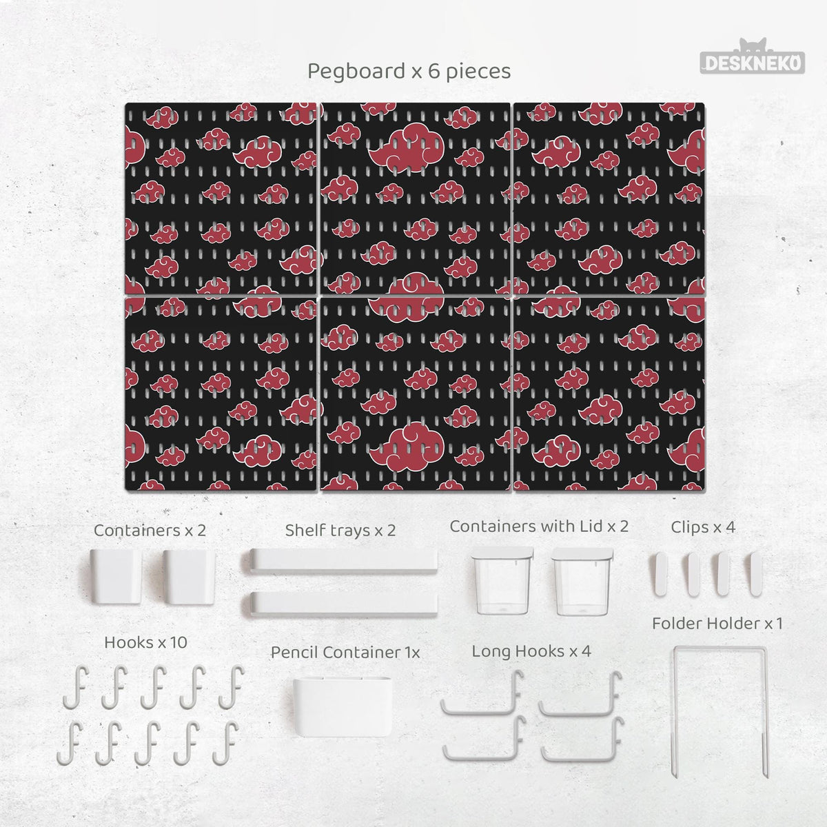 Black pegboard panels with red cloud pattern, shown with hooks, shelves, containers, clips, and a letter holder.