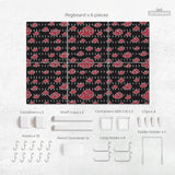 Black pegboard panels with red cloud pattern, shown with hooks, shelves, containers, clips, and a letter holder.
