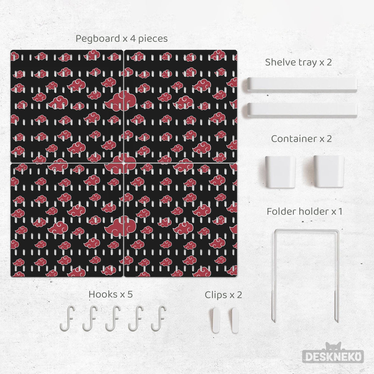 Black pegboard panels with red cloud pattern, shown with hooks, shelves, containers, clips, and a letter holder.