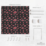 Black pegboard panels with red cloud pattern, shown with hooks, shelves, containers, clips, and a letter holder.