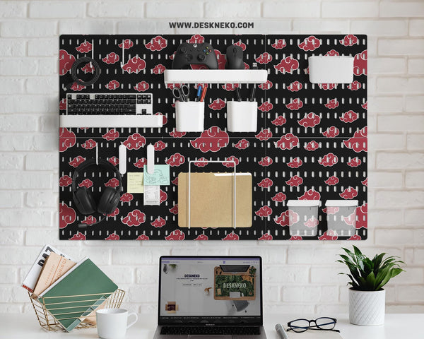 Black pegboard panels with red cloud pattern, shown with hooks, shelves, containers, clips, and a letter holder.
