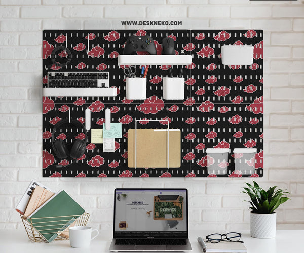 Black pegboard panels with red cloud pattern, shown with hooks, shelves, containers, clips, and a letter holder.