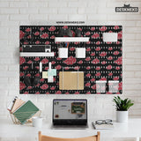 Black pegboard panels with red cloud pattern, shown with hooks, shelves, containers, clips, and a letter holder.