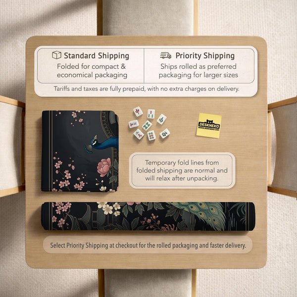 Square black mahjong mat with a gold peacock, blush flowers, and dark botanical artwork on a dark background.