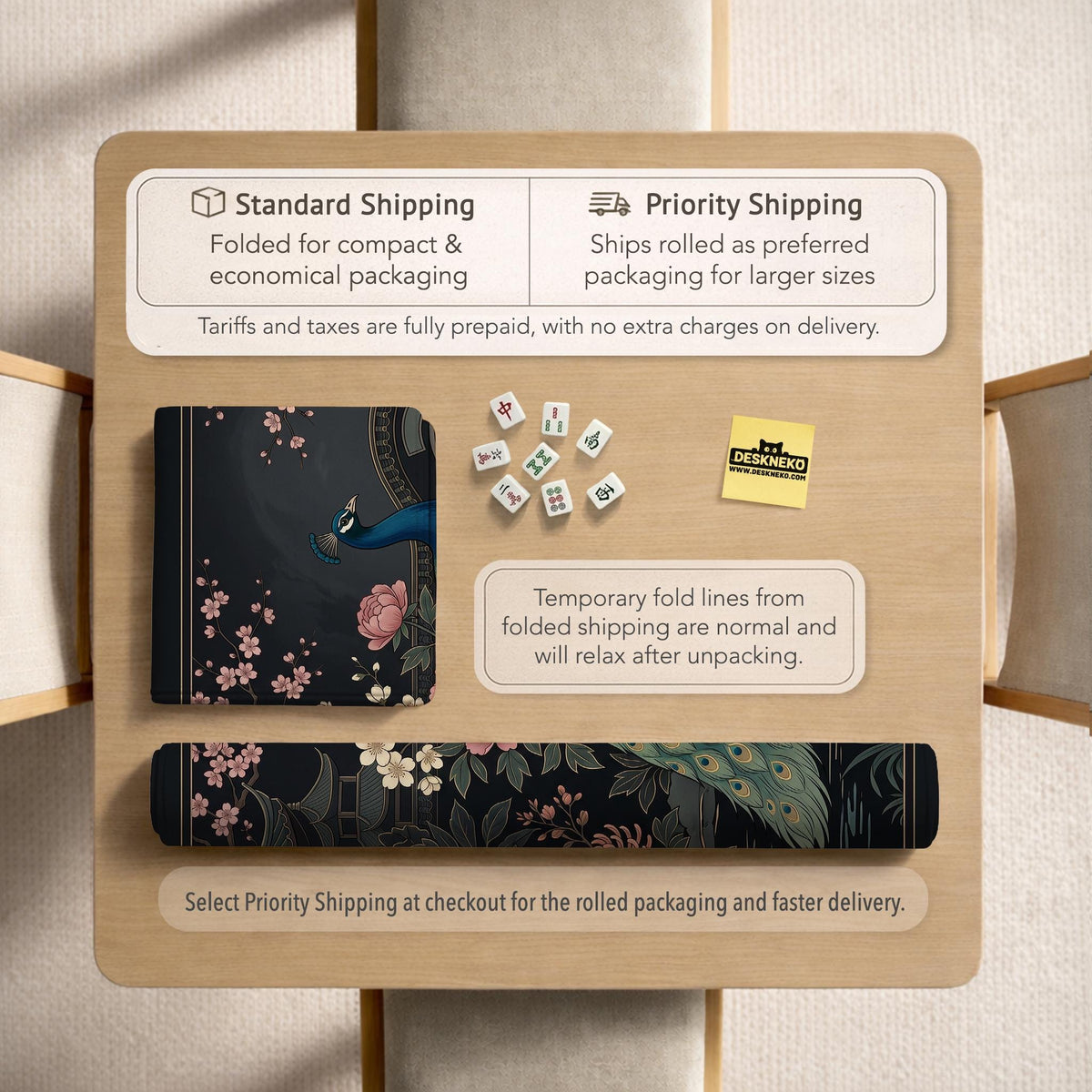 Square black mahjong mat with a gold peacock, blush flowers, and dark botanical artwork on a dark background.