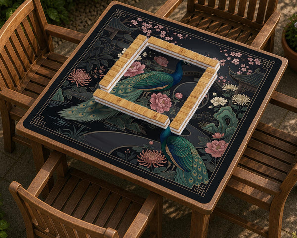 Square black mahjong mat with a gold peacock, blush flowers, and dark botanical artwork on a dark background.