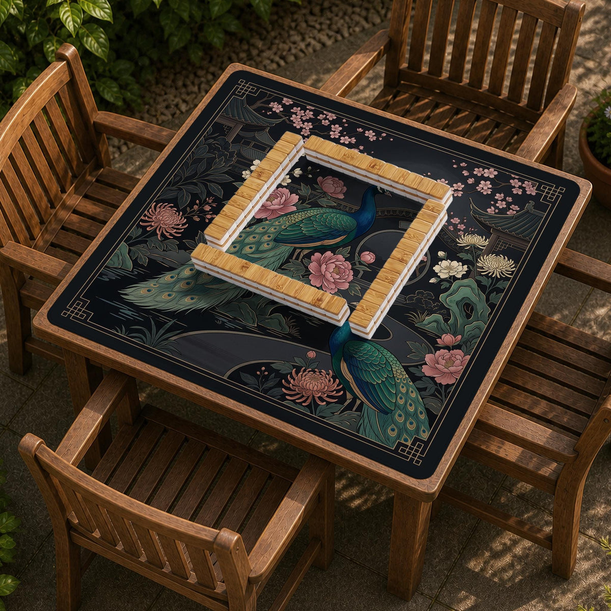 Square black mahjong mat with a gold peacock, blush flowers, and dark botanical artwork on a dark background.