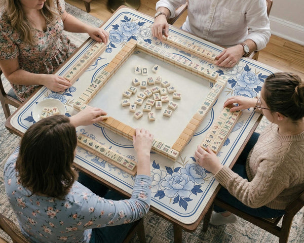 Square mahjong mat with a blue chinoiserie floral pattern on a light background.