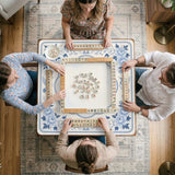Square mahjong mat with a blue chinoiserie floral pattern on a light background.