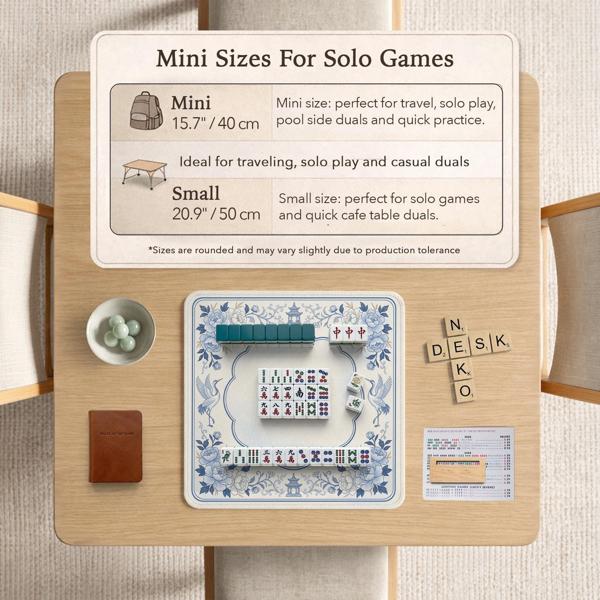 Square mahjong mat with a blue chinoiserie floral pattern on a light background.