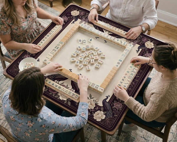 Square mahjong mat with a dark plum border, ivory floral pattern, muted sage leaves, and a decorative peacock garden design.