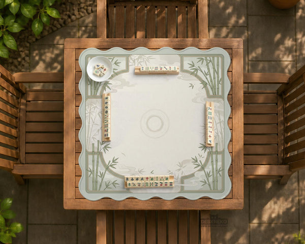 Square light green mahjong mat with bamboo stalks, soft ivory details, botanical shadows, mist lines, and a circular center design.