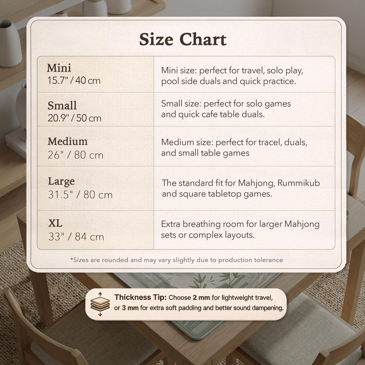 Square light green mahjong mat with bamboo stalks, soft ivory details, botanical shadows, mist lines, and a circular center design.