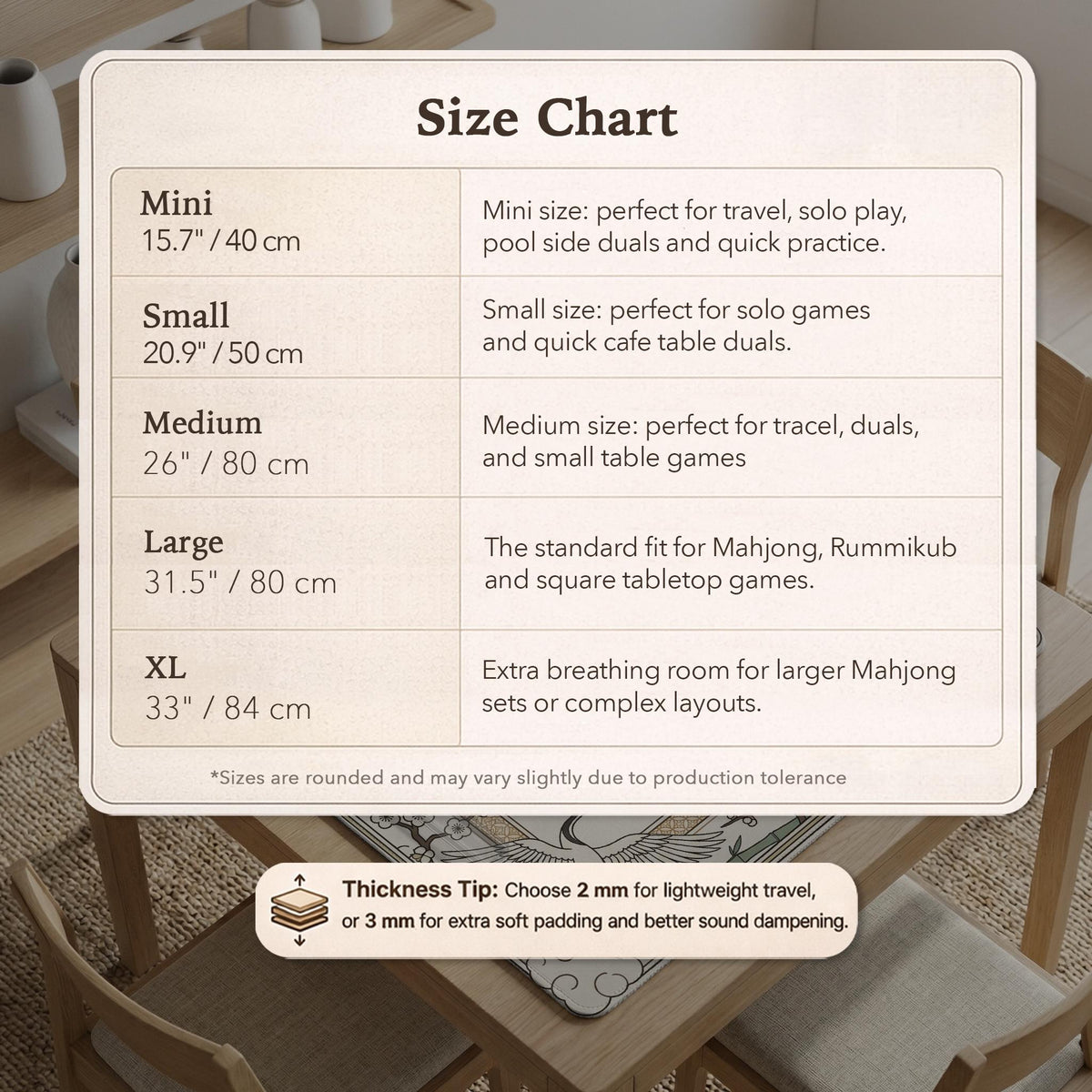 Square mahjong table mat with a cream center and a border design of cranes, bamboo, plum blossoms, and a geometric frame in sage green and warm gold.